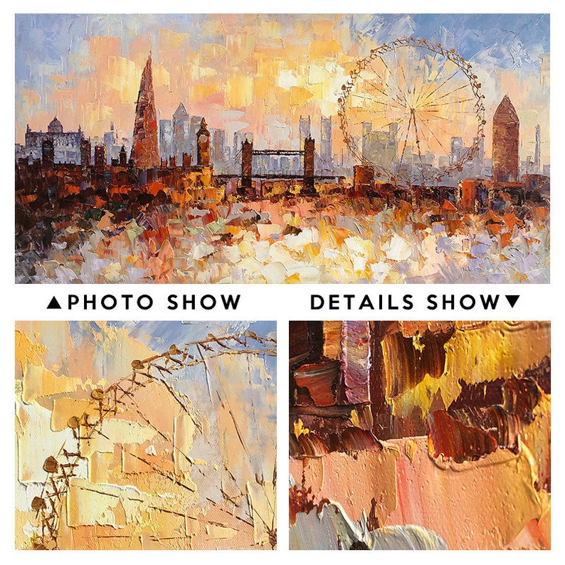 May include: A painting of a cityscape with a Ferris wheel in the background. The painting is done in a thick, impasto style with bright colors. The cityscape includes buildings, a bridge, and a river. The Ferris wheel is a bright yellow and red. The painting is a vibrant and colorful depiction of a city.