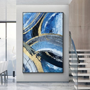 Abstract painting,contemporary art,modern art,framed art,royal blue,dark blue,blue abstract art,gold wall art,gold leaf,office art,Ymipaint