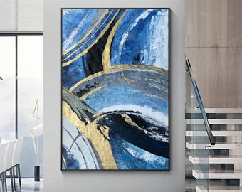 Blue and Gold Abstract Painting: Contemporary Framed Wall Art