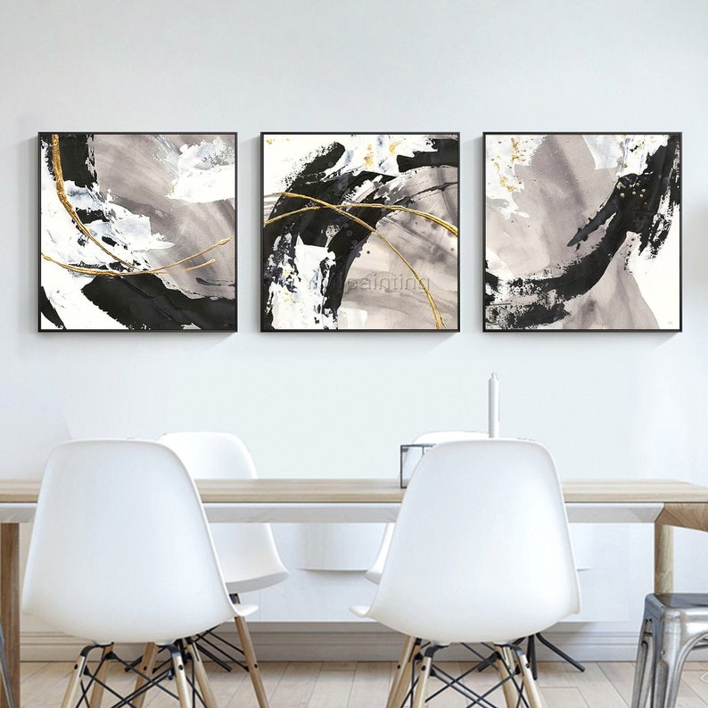 White Black Gold Art Abstract Paintings on Canvas Set of 3 Etsy