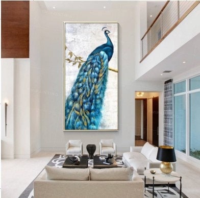 Peacock Decor Oil Painting Gold Animal Paintings on Canvas Original Wall  Painting Abstract Canvas Large Painting Peacock Feather Wall Art 