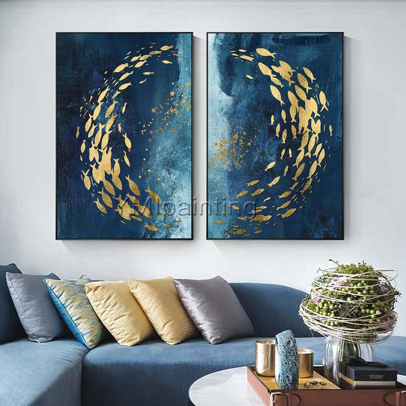 Fish painting ocean Sea Navy blue Gold Framed wall art Set of Etsy