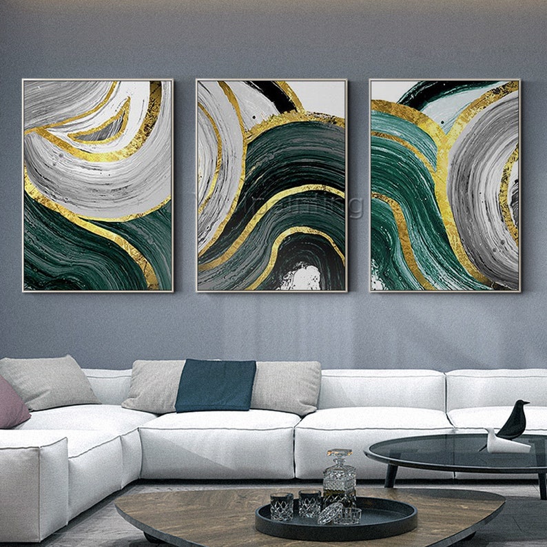Emerald green wall art Framed painting set of 3 wall art
