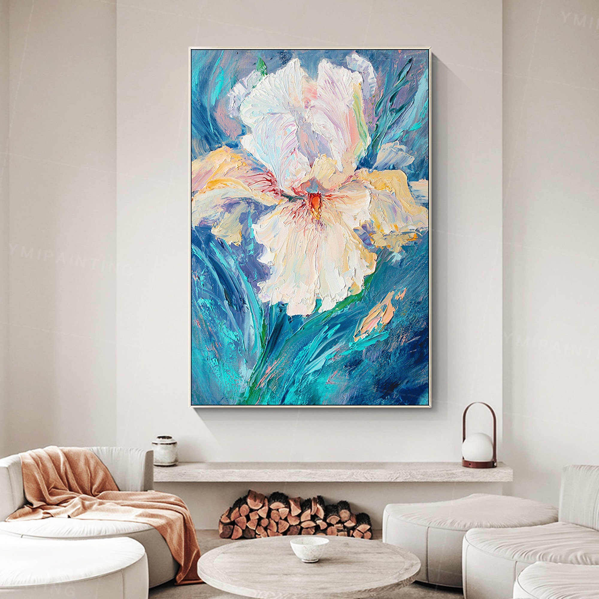 Framed Abstract Floral Painting: Blue Palette Knife Texture, Acrylic on ...