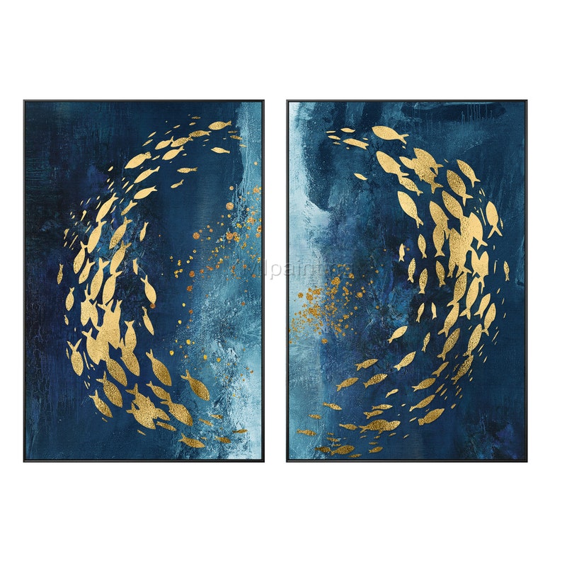 Fish Painting Ocean Sea Navy Blue Gold Framed Wall Art Set of Etsy UK