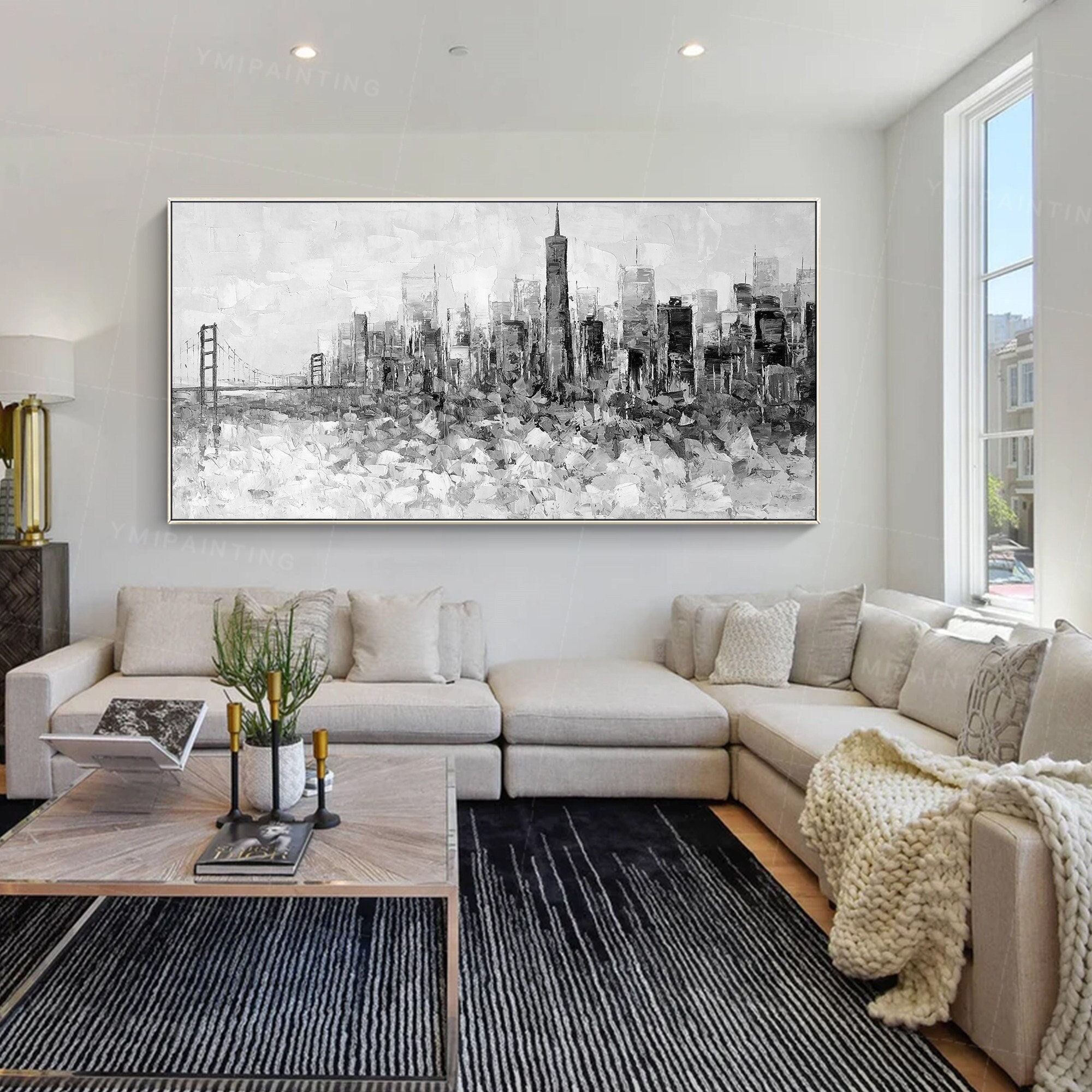 San Francisco Skyline Painting: Black and White Textured Palette Knife Art