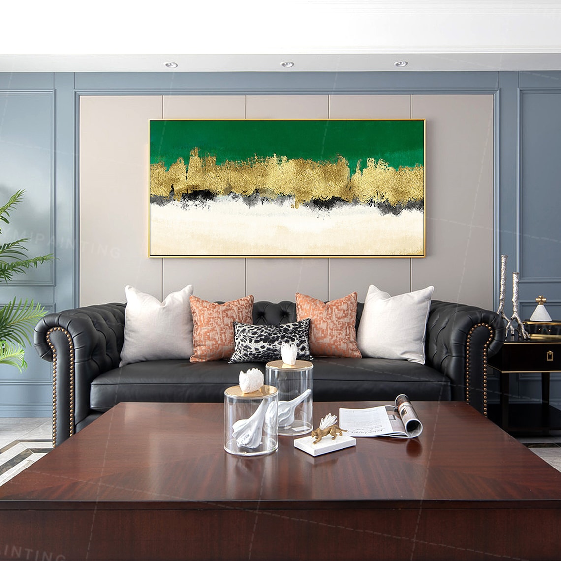 Emerald green Framed wall art Gold art acrylic abstract Etsy