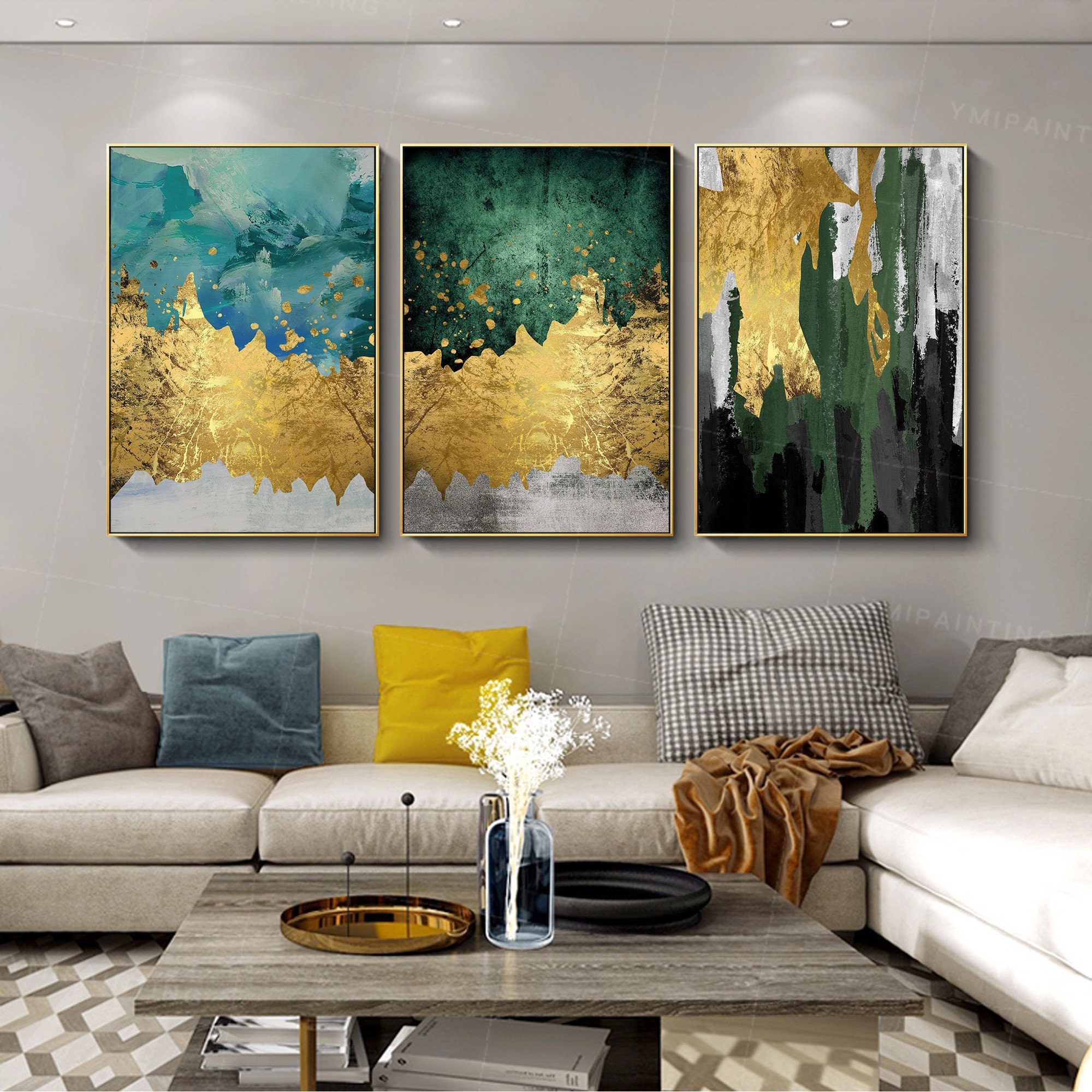 3-teiliges Wandbild abstrakte Leinwand Gerahmt Gemälde Set von 3 Wandkunst  Gold Kunst Acryl grau smaragdgrün schwarz Malerei auf Leinwand original  Kunst