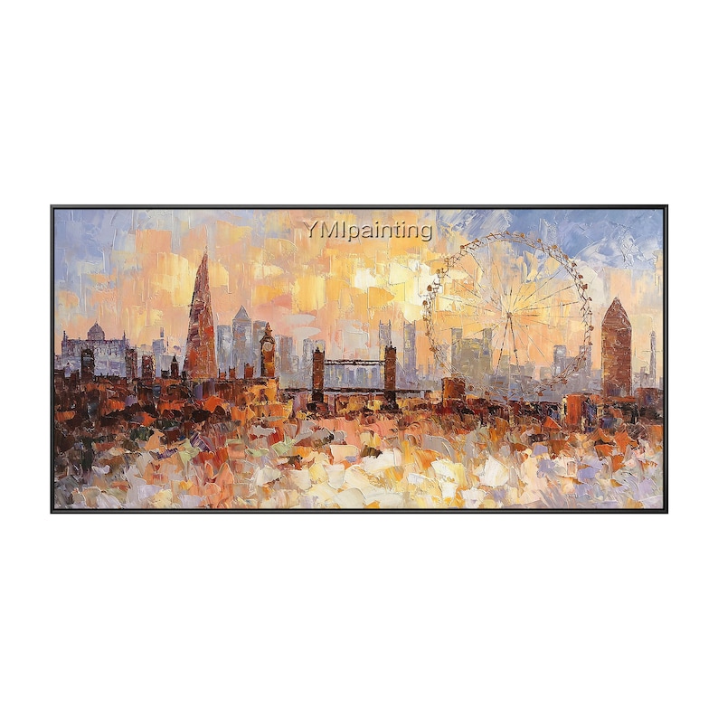 May include: A colorful painting of the London skyline with the London Eye Ferris wheel in the background. The painting is done in a loose, impressionistic style with thick brushstrokes.