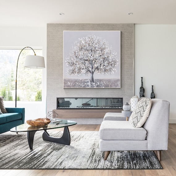 Silver Tree Wall Art, Grey White Textured Botanical Painting, Original Hand-Painted Acrylic, Metallic Nature Artwork, Modern Luxury Decor