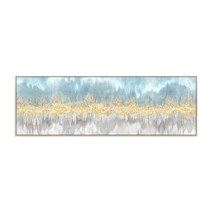 May include: Abstract painting with a blue and gray background and a gold stripe in the middle.