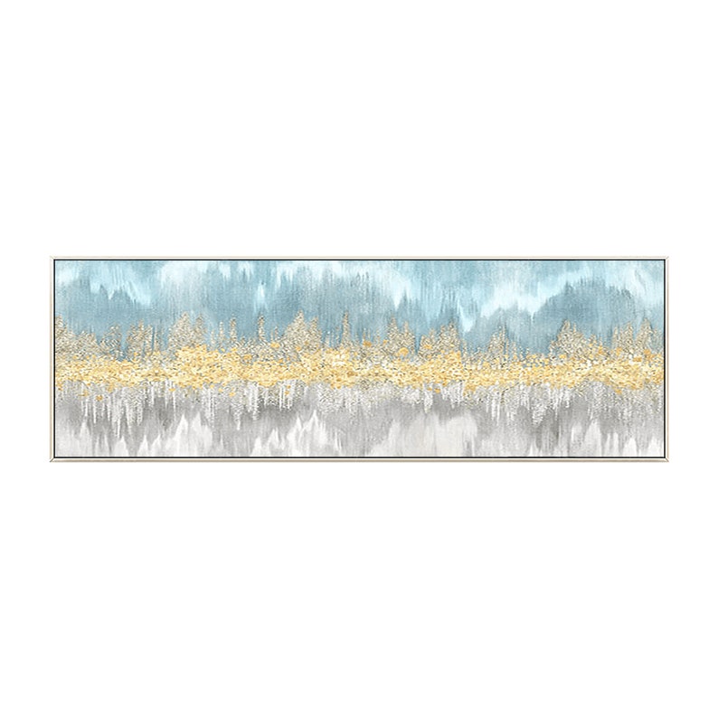 May include: Abstract painting with a blue and gray background and a gold stripe in the middle.