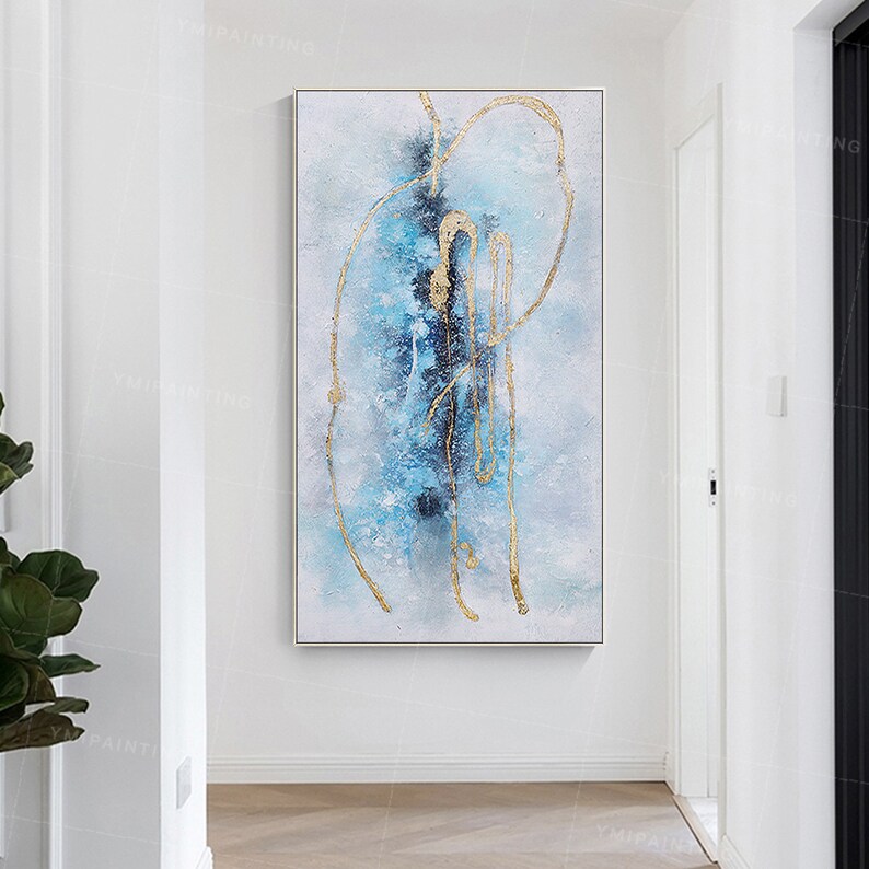 Gold Leaf Texture Painting Framed Wall Art Blue Painting Etsy