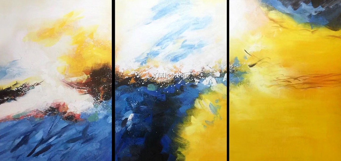 3 Piece Wall Art Framed Painting Mustard Navy Blue Abstract Etsy