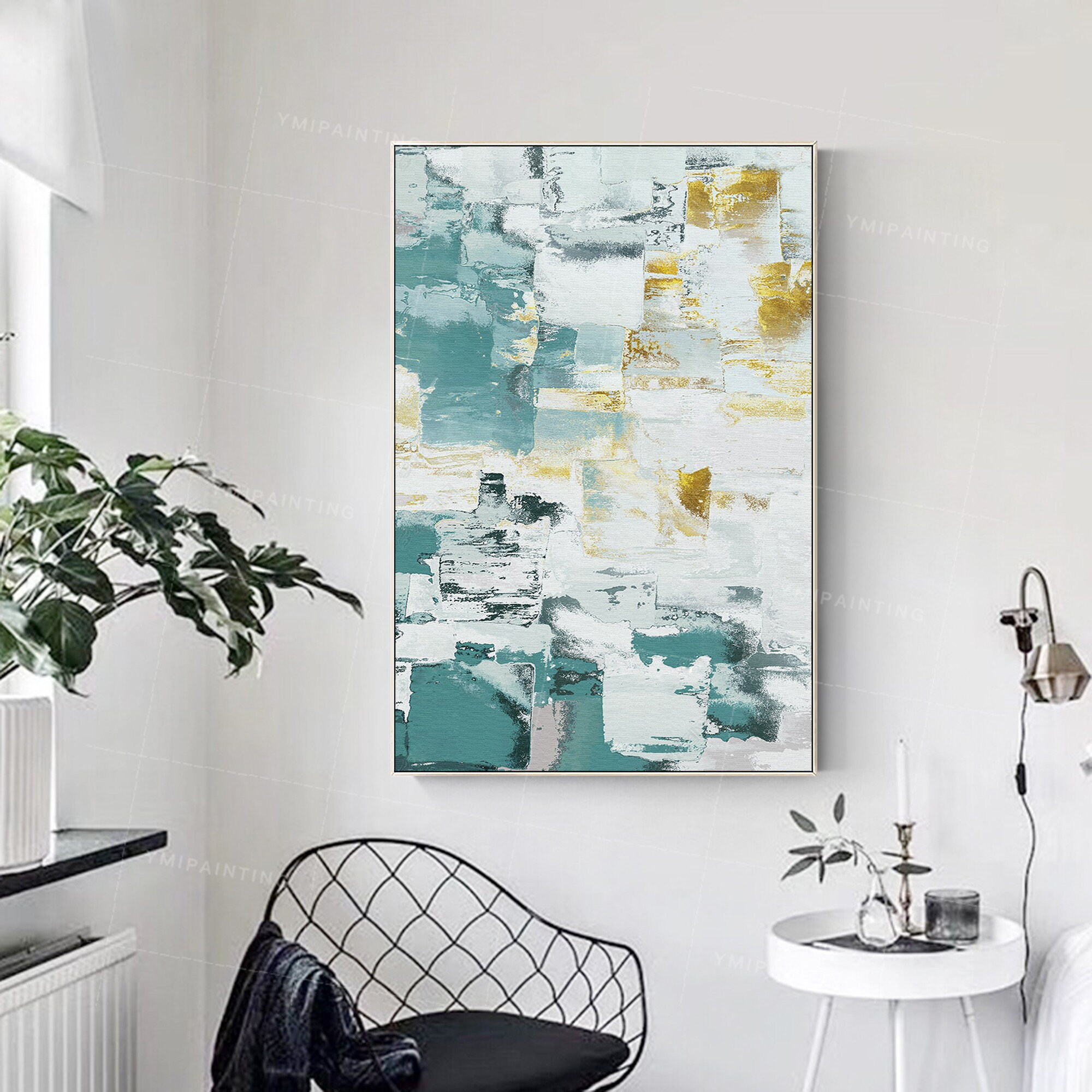 Gold art framed painting on canvas acrylic blue painting Etsy