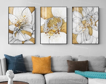 Set of 3 Gold Floral Acrylic Paintings on Canvas: Abstract Rose Art,triptych wall art,framed wall art,wall hangings