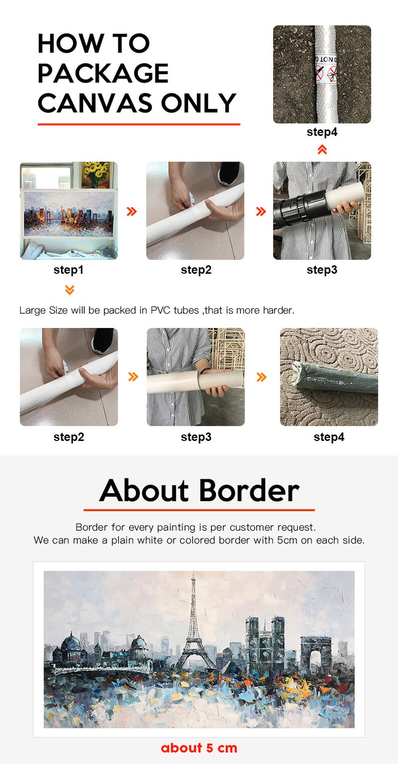 May include: How to package a canvas painting. The steps show how to roll a canvas painting into a PVC tube. The last step shows the tube wrapped in bubble wrap. The text says "Large Size will be packed in PVC tubes, that is more harder."  The text also says "About Border" and "Border for every painting is per customer request. We can make a plain white or colored border with 5cm on each side."  The image shows a painting of a cityscape with the Eiffel Tower in the center. The text says "about 5 cm".