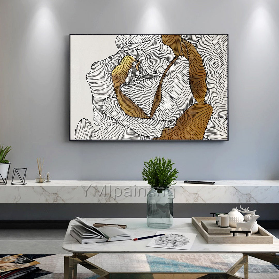 Abstract Gold Rose Painting: Original Acrylic Floral Art on Canvas - Etsy
