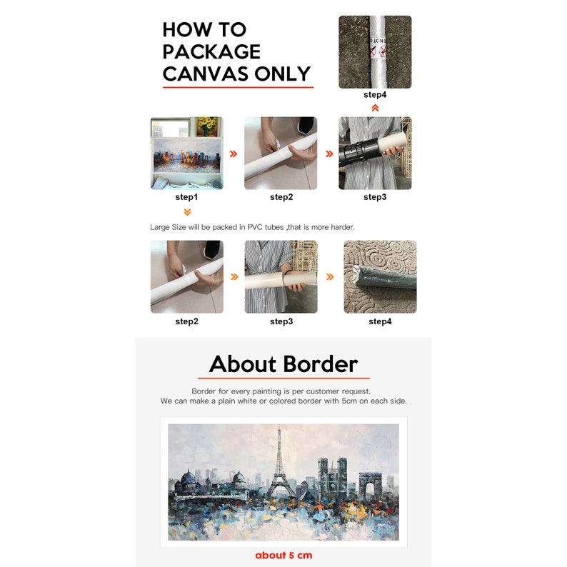 May include: A step-by-step guide on how to package a canvas painting. The image shows a canvas being rolled up and secured in a tube. The text reads "How to Package Canvas Only". The image also shows a close-up of a canvas with a 5 cm border.