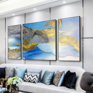 3 pieces Wall Art framed painting Modern Abstract Acrylic Paintings on canvas cuadros abstractos Navy Blue Gold Original Wall Pictures