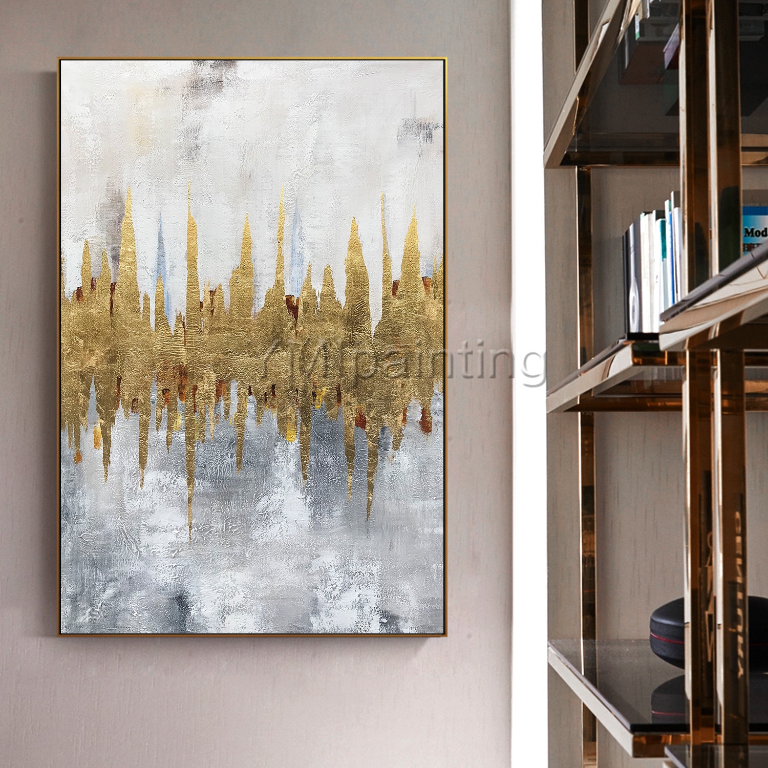 金箔の抽象画：キャンバスに描かれた大型モダンウォールアート - Etsy 日本