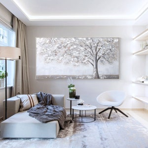 Silver Leaf Tree Painting: Large Textured Gray Wall Art