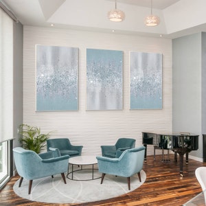 Silver Glitter Wall Art Set: Blue Gray Abstract Painting