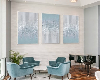 Silber Glitter Wall Art Set: Blau Graue abstrakte Malerei, 3er-Set Wandkunst, moderne Wandkunst, gerahmte Wandkunst