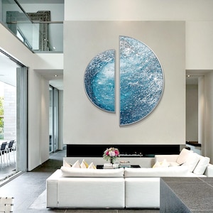 Framed Glitter Sea Artwork: Blue Silver Wave Painting, Set of 2