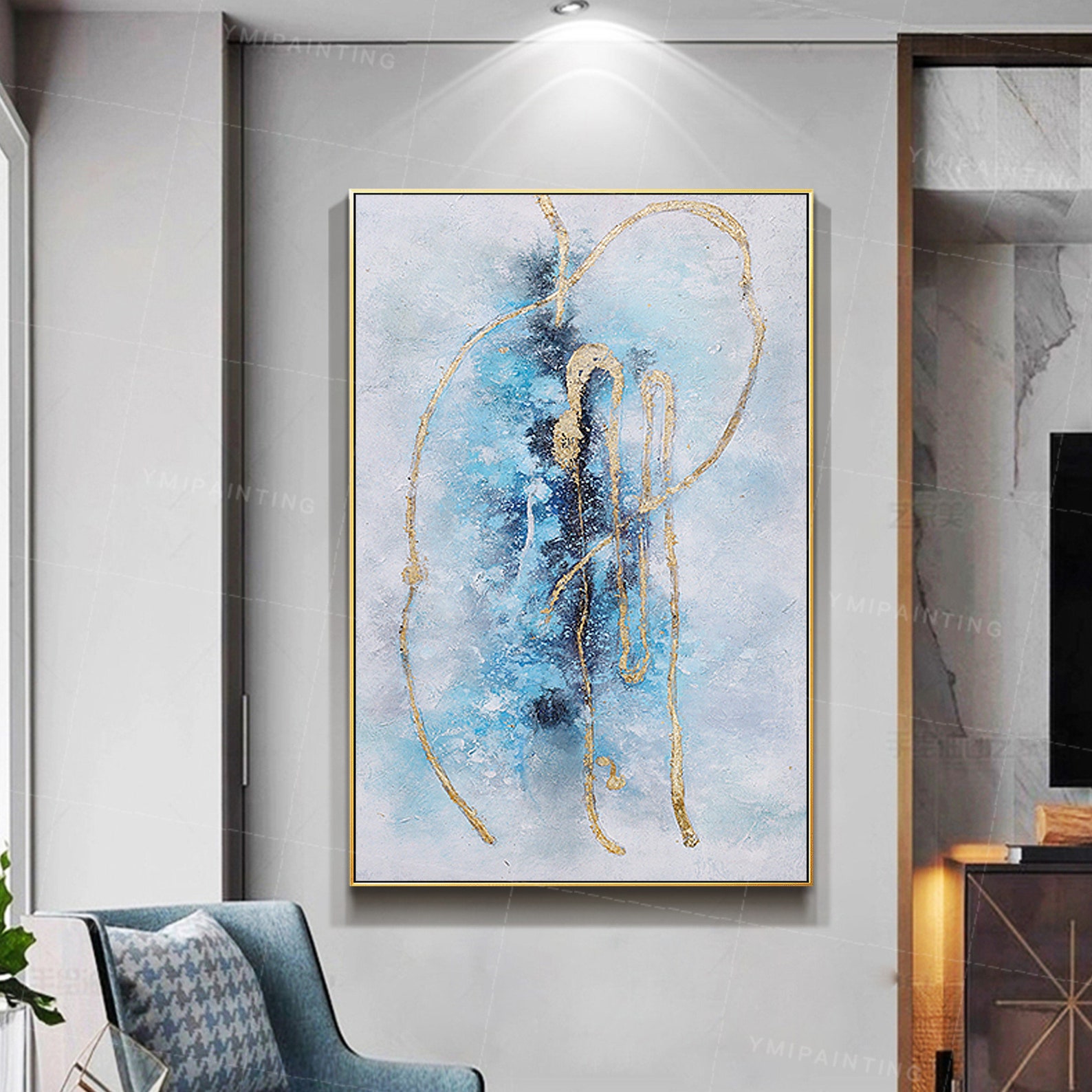 Gold Leaf Texture Painting Framed Wall Art Blue Painting Etsy