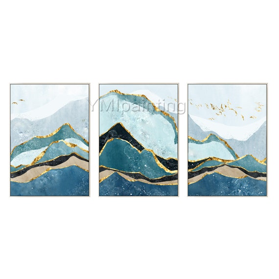 Framed Painting Set of 3 Wall Art Gold Art Mountain Abstract
