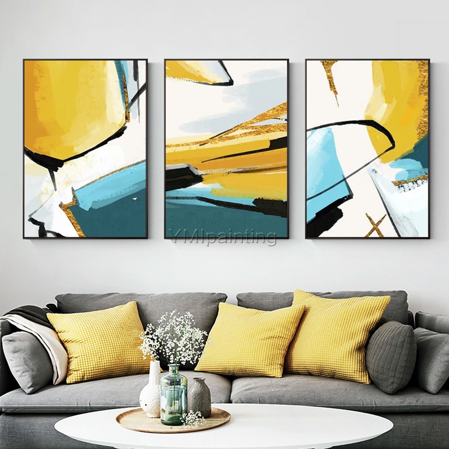 Framed Wall Art Set of 3 Wall Art Gold Leaf Yellow Black - Etsy Canada
