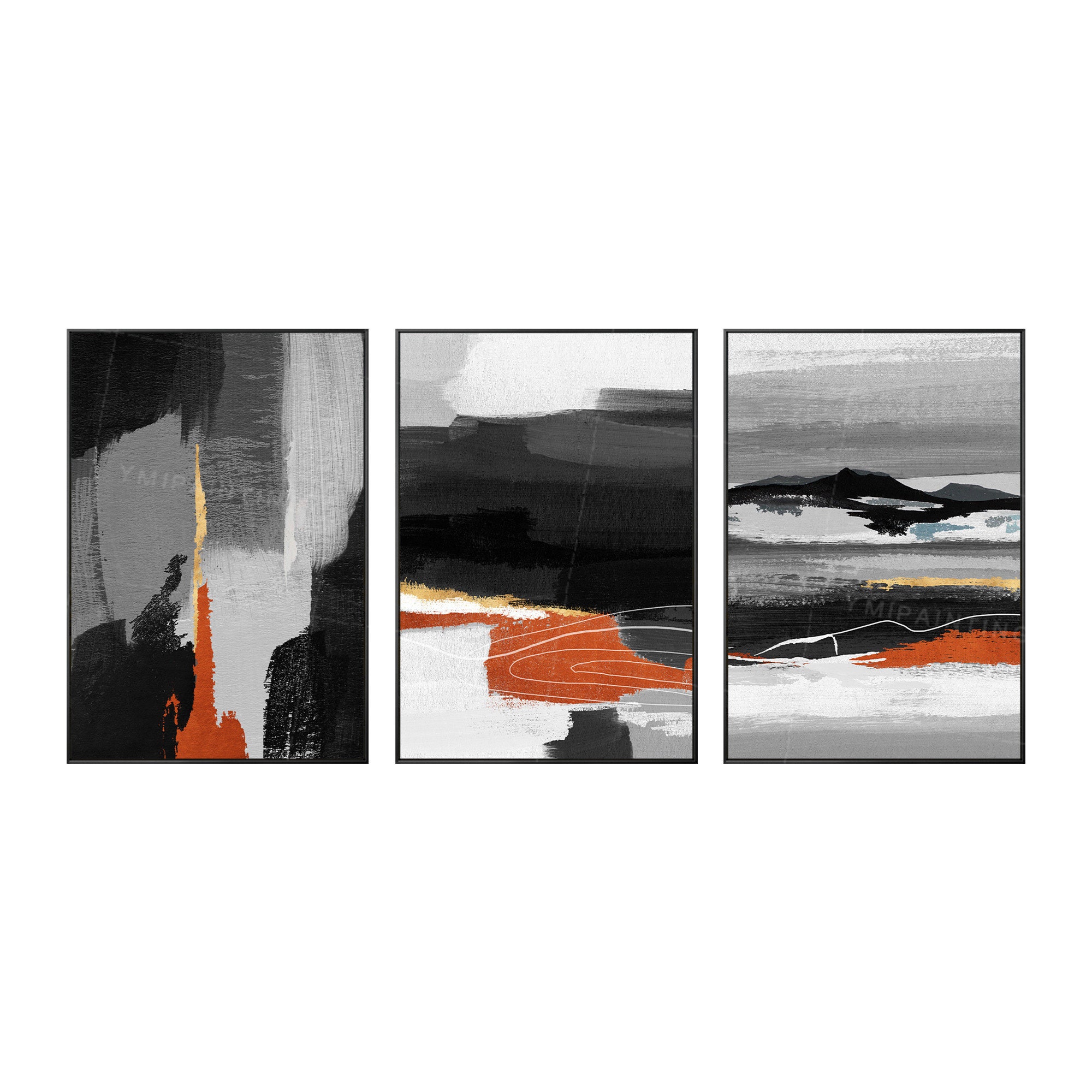 幾何学的なゴールドアート絵画：ブラック＆オレンジの抽象的な