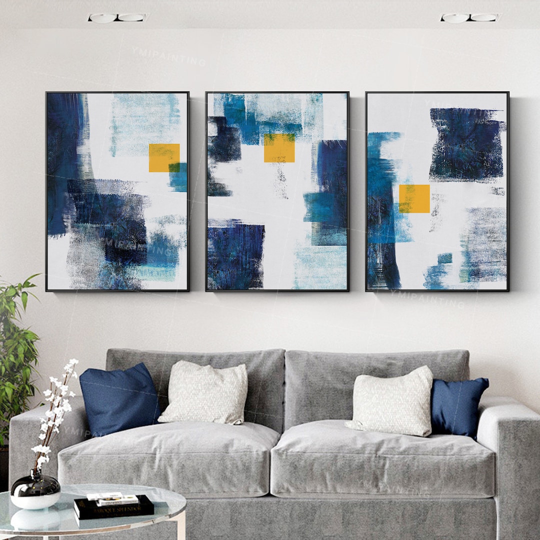 Set of 3 Wall Art Gold Art Abstract Acrylic Geometry Blue Paintings on ...