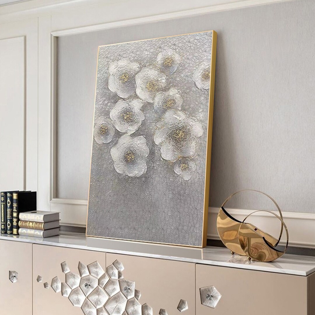 Gray Flower Painting Original,white Floral Painting,living Room Art
