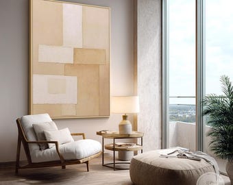 Neutral Beige Abstract Textured Wall Art, Minimalist Geometric Canvas Painting, Modern Cream Tan Handmade Wall Decor for Living Room Bedroom