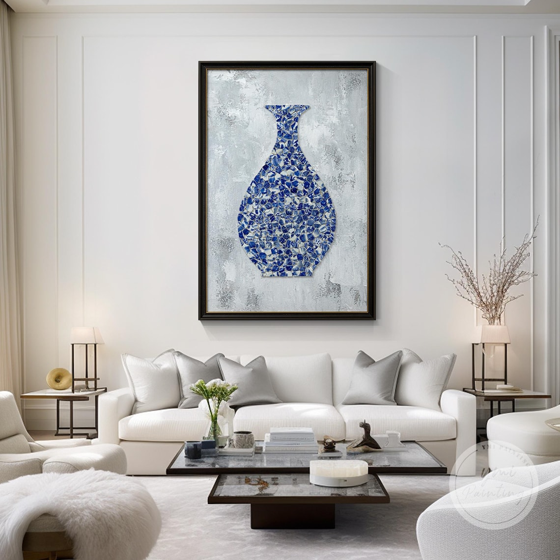 Framed Blue and White Pottery Wall Decor, blending antique elegance and modern artistry.