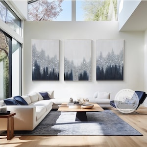 Navy Glitter Forest Wall Art: Silver Accent Painting, 3 Piece Set