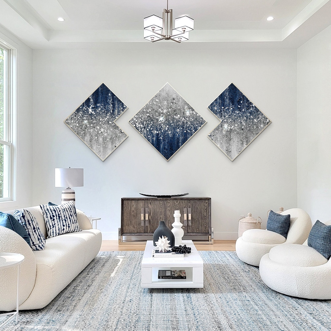 Original 3 Pieces Silver Glitter Wall Art navy Blue Wall Art wall Decor blue Wall Art glitter Painting glam Wall Art glam Decor ymipainting Etsy