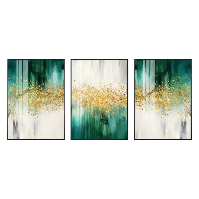 3 piece wall art Gold art emerald green decor Framed painting Etsy