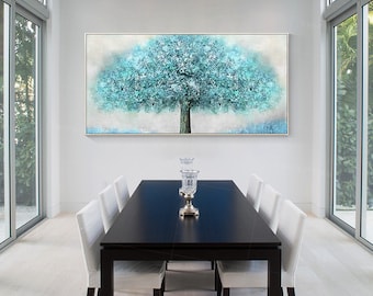 Teal Blue Tree Painting: Heavy Texture Framed Canvas Art