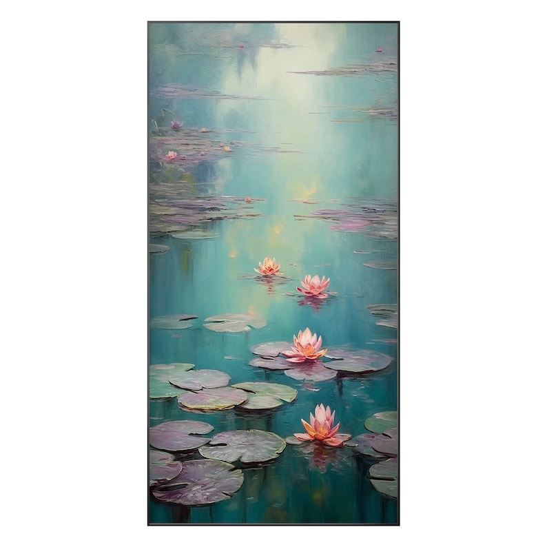 May include: A painting depicting a tranquil pond with water lilies in shades of pink and green. The water is a soft blue-green, and the lilies are floating on the surface. The background is a hazy, light blue.