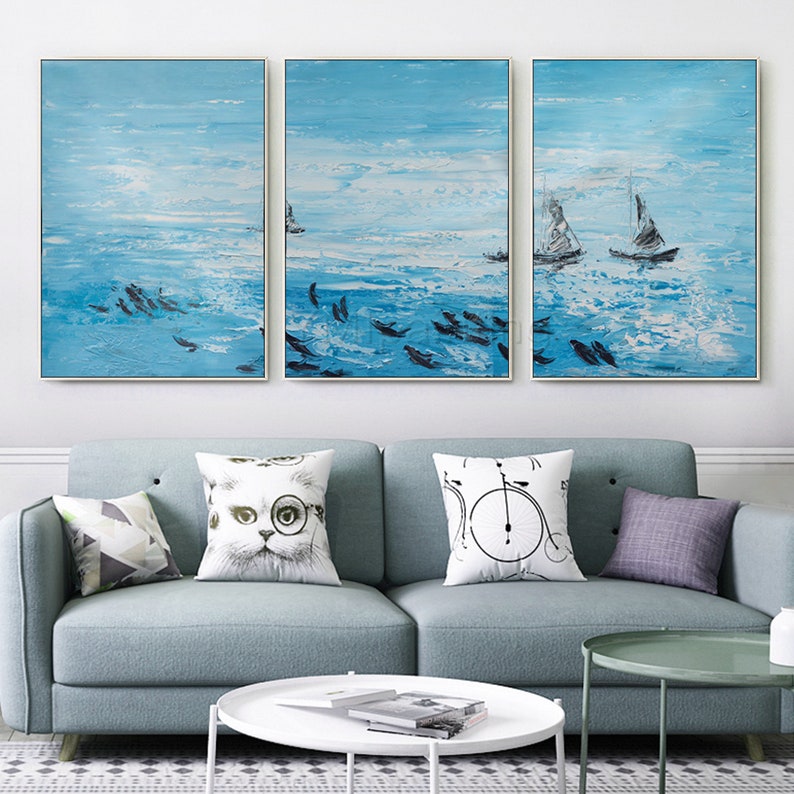 Set of 3 Wall Art Teal Blue Framed Wall Art Sea Fishes Etsy