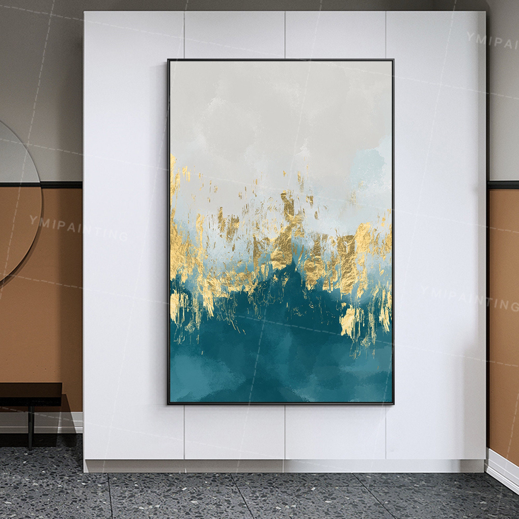 Framed Wall Art Gold Leaf Abstract Acrylic Paintings on Canvas Sea