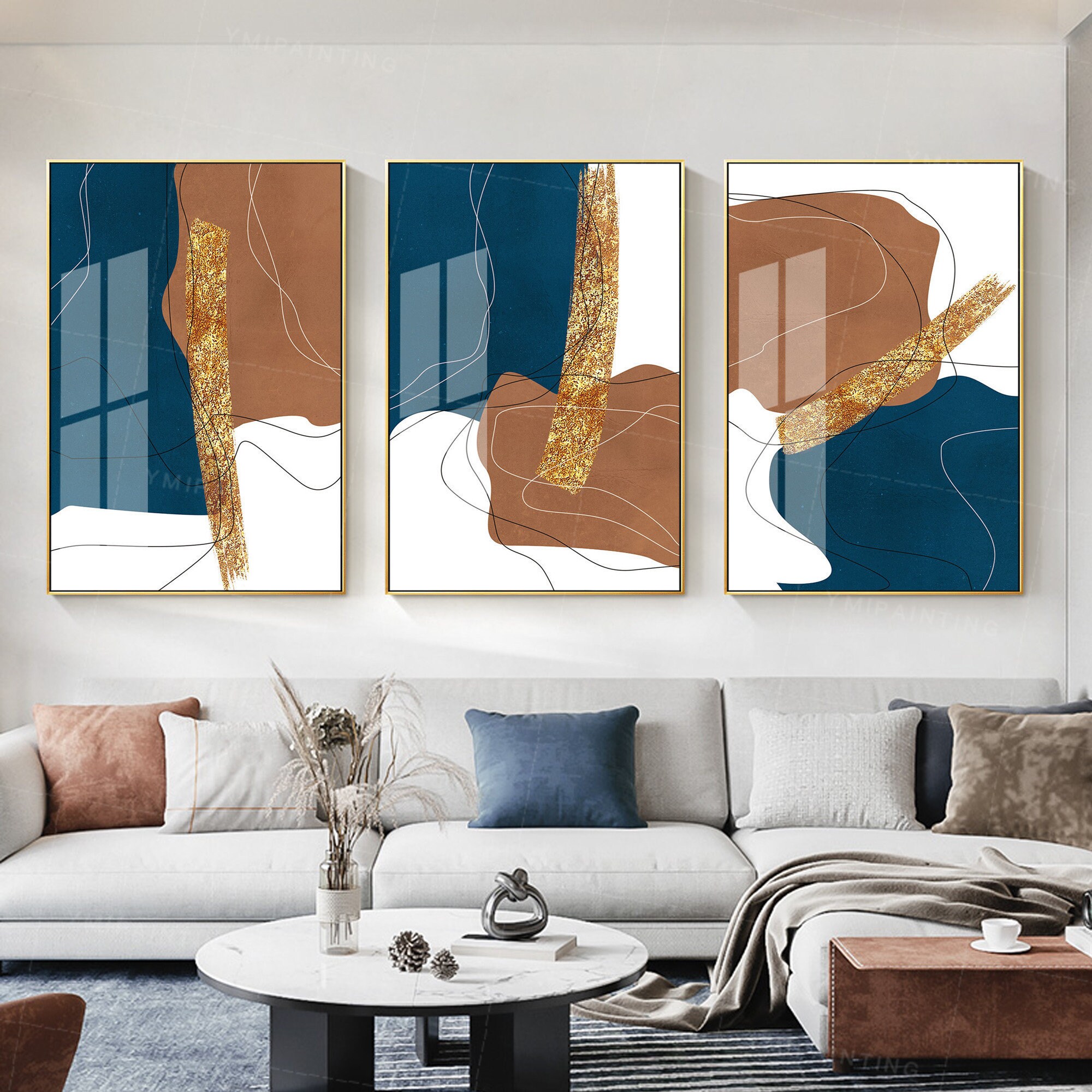 Framed painting set of 3 wall art abstract brown blue Large Etsy