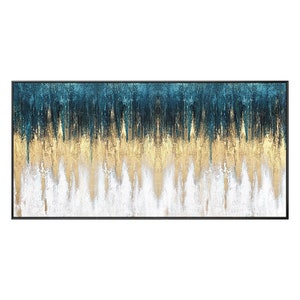 Op de afbeelding: Abstract schilderij met een teal, goud en wit kleurenschema. Het schilderij heeft verticale penseelstreken die een textuur effect cre&euml;ren.
