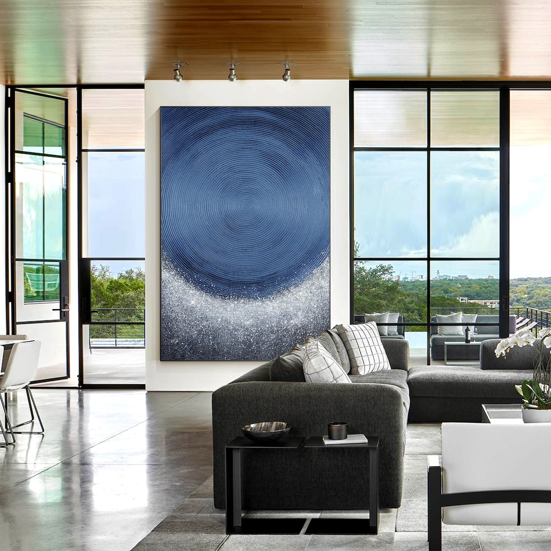 Original Silver Glitter Painting Crushed Glass Wall Art,navy Blue Wall