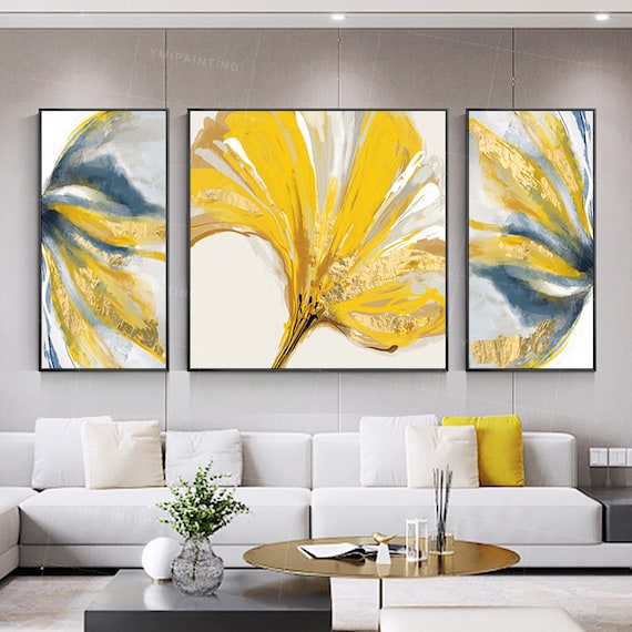 Yellow Gold Art Abstract Floral Painting Set of 3 Wall Art Etsy