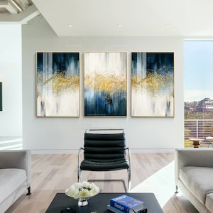 Large Set of 3 wall art Gold glitters Navy blue Luxury painting Framed wall art Original abstract 3 pieces paintings on canvas ymipainting