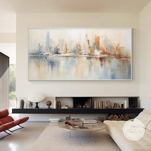 Pintura abstracta original de paisaje urbano de Chicago: gran arte mural en beige y azul